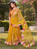 Embroidered printed saree with separate georgette blouse, perfect for festive celebrations, free size, mirror work with ruffal saree and leriya blouse, Indian origin