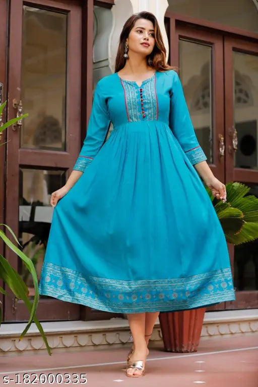 Rayon Krishna Border Printed Anarkali Kurti, solid combo, M-XXL sizes for women's ethnic wear, pom-pom sleeves