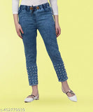 Pearl Blue Stretchable Premium Denim Jogger Jeans for Women, mid-rise, baggy style, available in sizes XL to 4XL. Indian manufactured