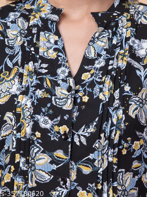 Rayon black grey printed long tunic with mandarin collar and 3/4 sleeves, Indian origin