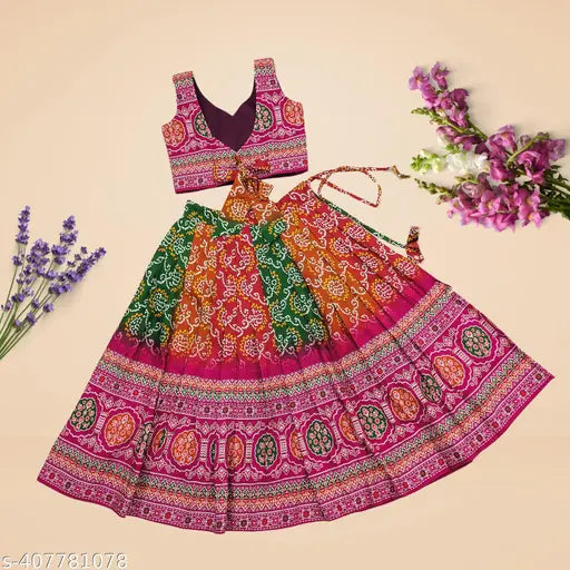 Rayon blend polka dot lehenga choli set for girls aged 2-8 years, Indian ethnic wear on display
