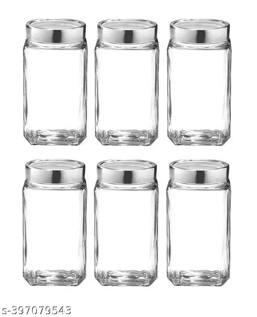 Transparent BPA-free cube-shaped glass jars (6 pack), ideal for kitchen storage & organization