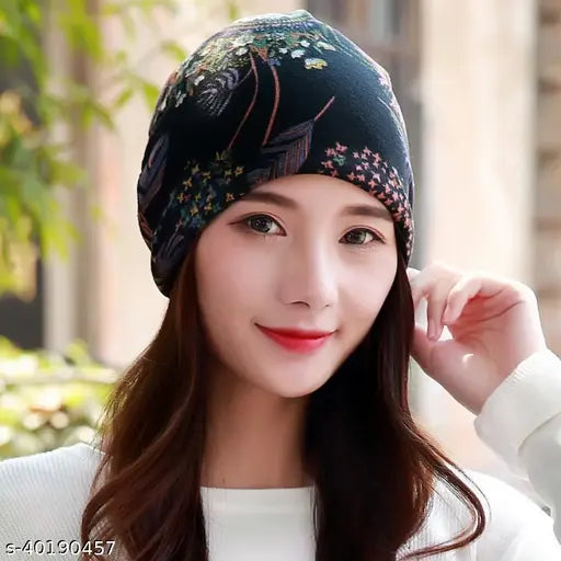 Black cotton skull cap, self-design bandana style for women's winter fashion accessory