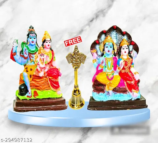 Poly Resin Adi Shankara home decorative Shiv Shankar Parvati Ganesh ji statues with Vishnu Lakshmi Idols, 3-inch ghanti Bell free, India origin
