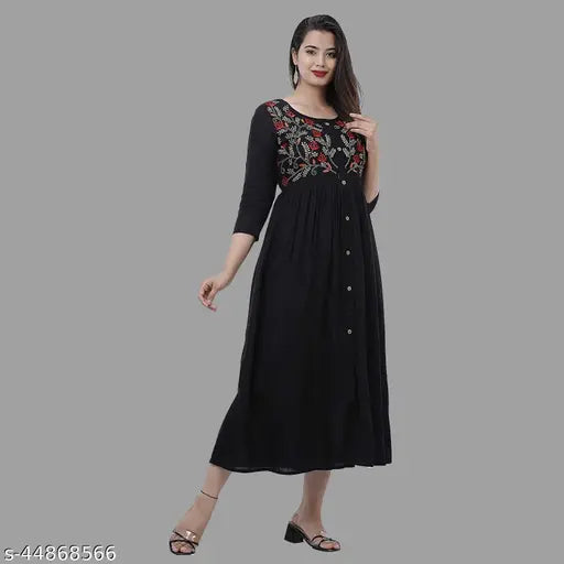 Embroidered rayon black kurta with three-quarter sleeves, Indian ethnic women's fashion