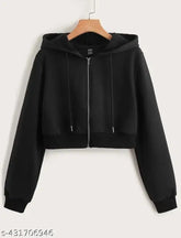 Black fleece crop hudiye for women, solid black long-sleeve fleece clothing on hanger