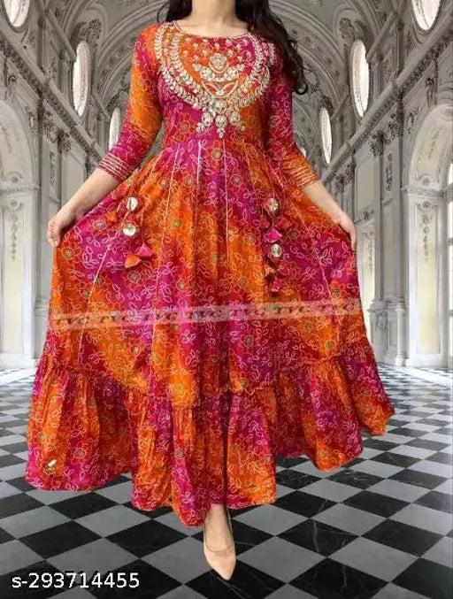 Rayon bhandej printed anarkali kurta, vibrant Indian women's fashion in 4XL and 5XL sizes