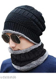Woolen beanie cap set (20 degree temperature), ultra-soft unisex design with muffler scarf, snow-proof and textured knit material