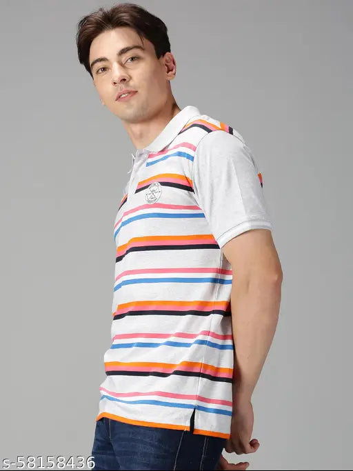 Multicolor striped cotton polo t-shirts for men, soft and breathable, India origin