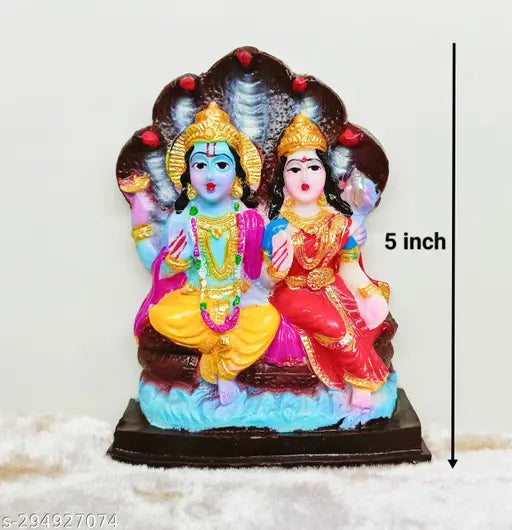 Marble Chaturbahu Vishnu statue with Ram, Lakshman, Sita murti and Puja ghanti bell - Indian home decorative showpiece or gift (5 inch)