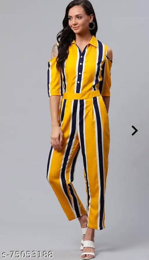 Yellow poly crepe striped net jumpsuit, three-quarter sleeves, women's fashion