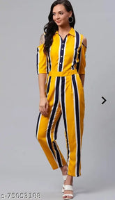 Yellow poly crepe striped net jumpsuit, three-quarter sleeves, women's fashion
