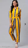 Yellow poly crepe striped net jumpsuit, three-quarter sleeves, women's fashion