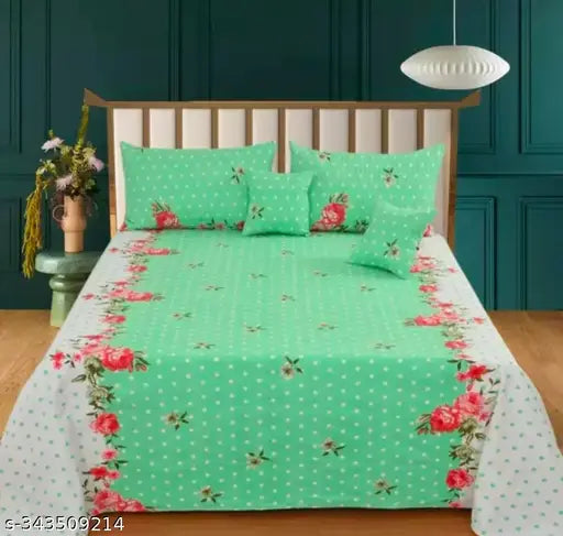 Multicolor polycotton floral embroidered 5pc bedsheet set (1 King size + 2 pillow covers + 2 cushion covers), ideal for summer, adult use in bedroom decor, made in India