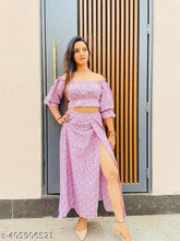 Summer printed cotton blend slit skirt set with off-shoulder crop top, latest party wear fashion