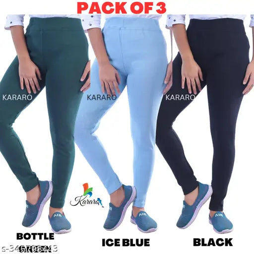 Stylish cotton blend jeggings pack of 3, solid net pattern, OE fabric recycled and blended with polyester. Comfortable, trendy, and lightweight women's jeans in various sizes: 26", 28", 30", 32", 34", and free size (34"). Indian origin