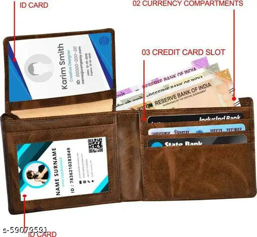Brown faux leather men's wallet, 2 compartments with ID, card, and bill slots, perfect gift for special occasions, made in India