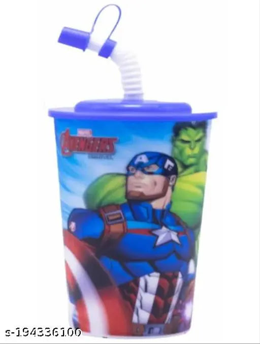 Blue plastic 3D Look Cartoon Character Sipper Glass with Straw for Kids, Avengers design (600ml)