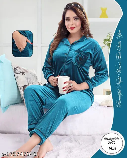 Velvet winter night suit, printed design, soft and cozy pyjamas