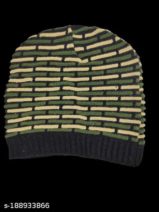 Multicolor acrylic skull cap for men/boys (India), self-design criss-cross basket weave knit, stretchy fit, warm with fur inner lining