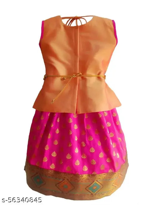 Traditional pattu pavadai set with wash belt (silk & acrylic, sleeveless, solid design), for kids aged 6-5 years, India origin