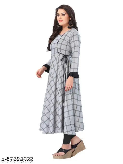 Grey check Rayon kurti for festive & formal wear - Kapadia, three-quarter sleeves