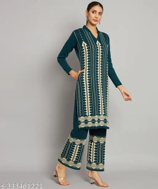 Multicolor women's woolen floral A-line v-neck kurta set with palazzos, trendy and cozy Indian design
