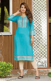 Rayon A-line kurti with zari embroidery, solid color, three-quarter sleeves, size M-XXL, Indian made
