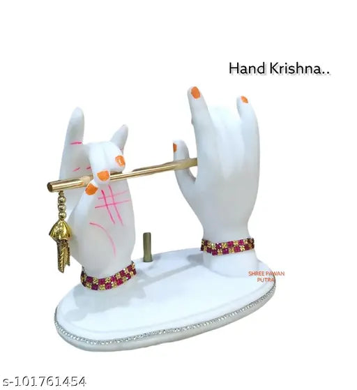 White Polyresin Lord Krishna Hand Figurine with Bansuri & Peacock Feather, 6 inch high, premium quality home decor