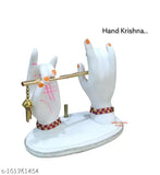 White Polyresin Lord Krishna Hand Figurine with Bansuri & Peacock Feather, 6 inch high, premium quality home decor