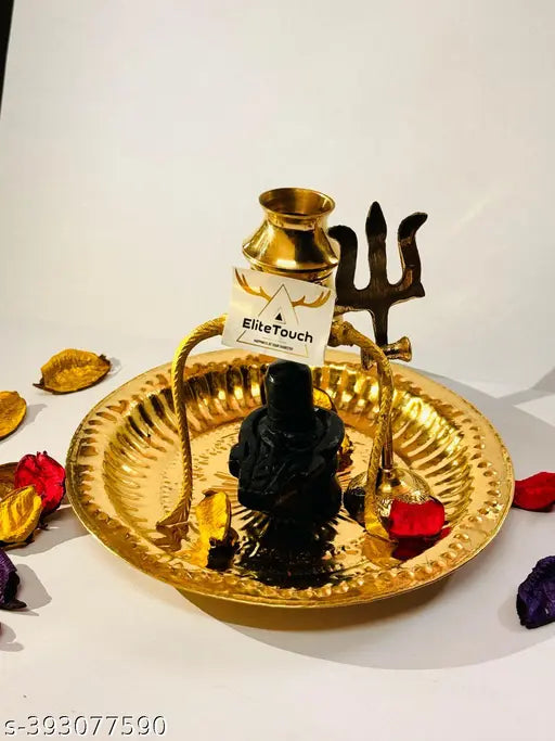 Black marble Shivling on brass stand for Puja and Abhishek, Kalash lota included - Shiv Puja set from .ELITETOUCH., India