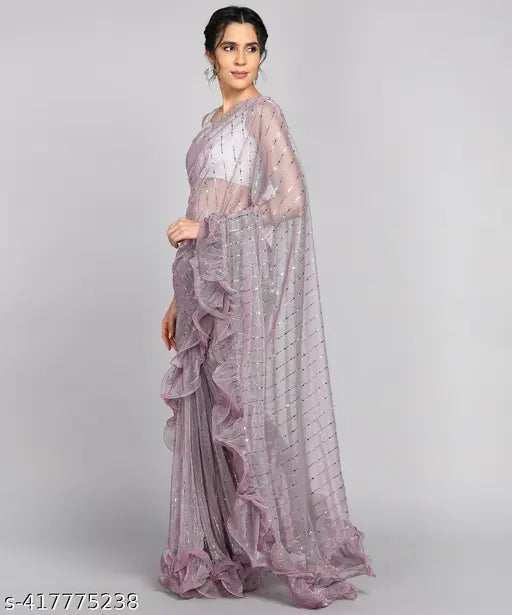 White Malai Silk frill work saree with separate Chiffon blouse piece, Indian fashion