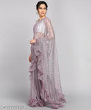 White Malai Silk frill work saree with separate Chiffon blouse piece, Indian fashion