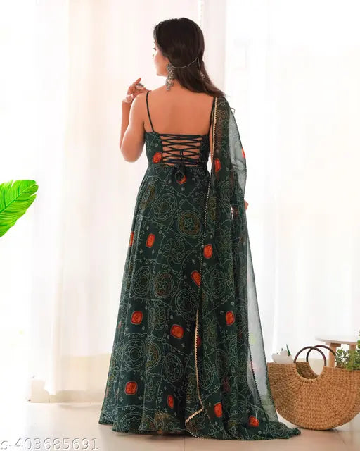 Pure soft chiffon Bandhej flared gown dupatta pent set, lightweight & ready-to-wear, Indian handloom fashion on display