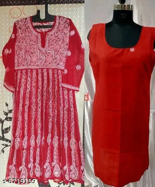 Trendy women's handcrafted embroidered chiffon Anarkali Kurti with inner camisole, three-quarter sleeves, Chikankari pattern, Georgette fabric. Indian Lukhnowi Chikankari handcrafted embroidery work for parties and functions