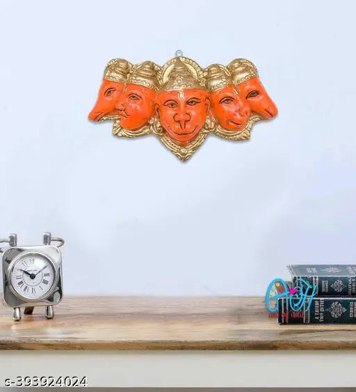Orange polyresin Panchmukhi Hanuman Ji Murti statue, decorative home protection against evil eye (17.6cm wide)