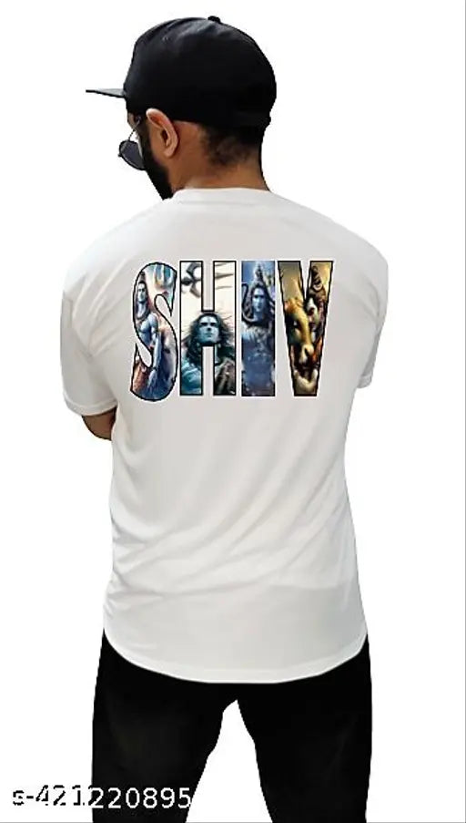 White polyester sports t-shirt with ShivMahakal sublimation printing, round neck, short sleeves