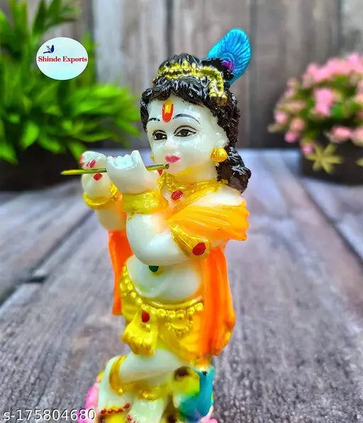 Marble Krishna idol, multicolor, glossy texture, 13x5x4cm, for home decor and gifting