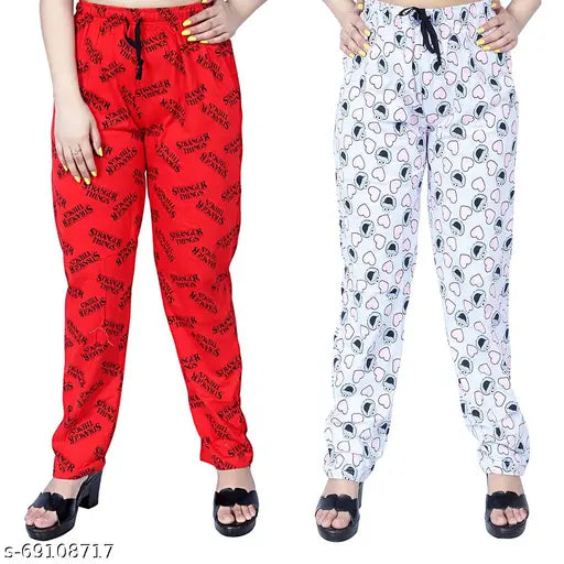 Women's cotton printed maxi pyjama bottom set of 2, vibrant patterned sleepwear in pack, drawstring design for adjustable fit (M), Indian-origin lounge pants for ladies on display