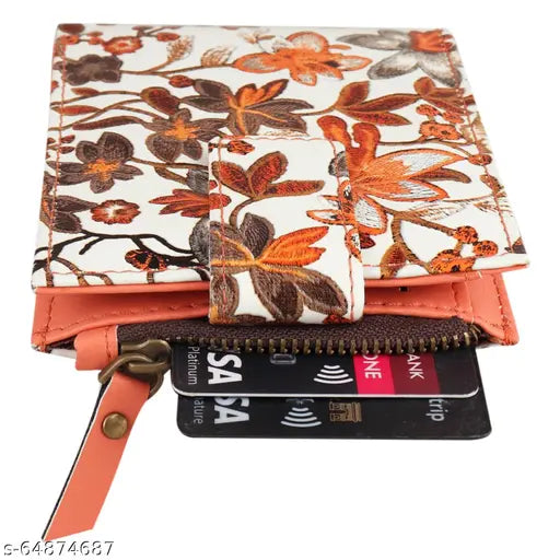 Orange faux leather wallet with 5 card slots, ID slot, and chain pocket by loscco