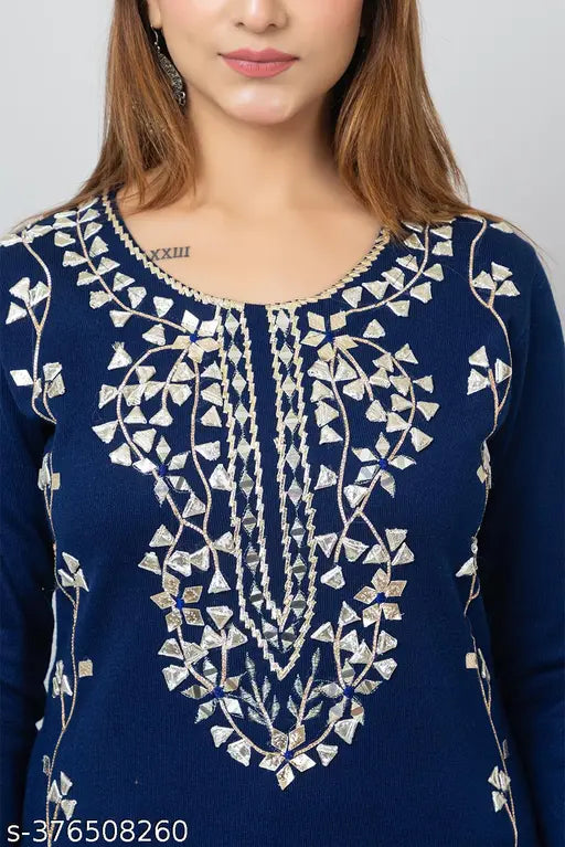 Woolen embroidered kurta, Hifzaa brand. Hand-embroidered women's winter wear with three-quarter sleeves, bio-washed for anti-pilling and softness. Made in India