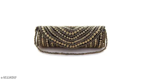 Handcrafted black fabric clutch bag - Embellished net, detachable sling strap, ideal for parties or weddings. Indian-inspired design, fits essentials like phone and keys