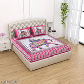 Pink double printed cotton flat bedsheet, durable and breathable for summer, pack includes 2 pillow covers