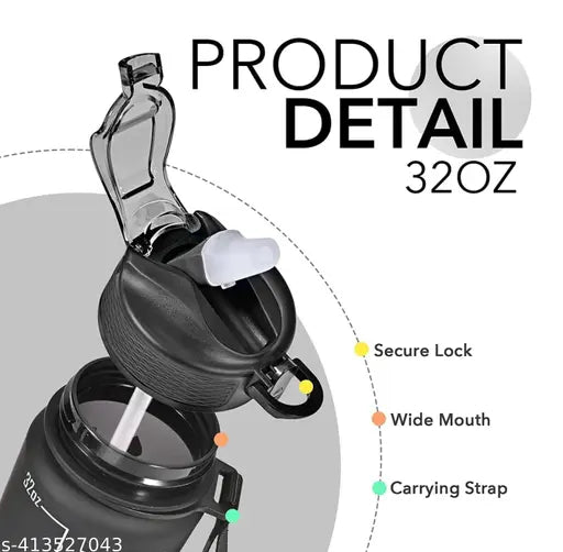 Black plastic sipper water bottle with motivational quotes and time markers for adults, gym or office use, eco-friendly and leakproof, pack of 2