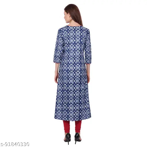 Blue printed cotton straight kurta with three-quarter sleeves, popular Indian women's fashion