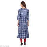 Blue printed cotton straight kurta with three-quarter sleeves, popular Indian women's fashion