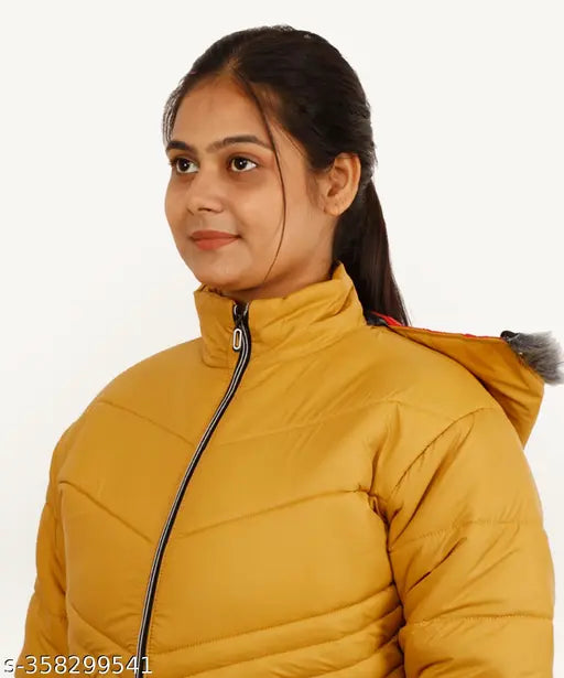Mustard nylon women's jacket, solid design for party and fancy wear with detachable hood (India origin)
