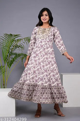 Rayon embroidered Anarkali kurti, three-quarter sleeves, printed combo for women's party wear