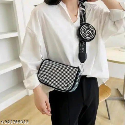 Canvas and leather checked crossbody bag, coin chain strap, purse pouch side, women's shoulder handbag, free size, India origin