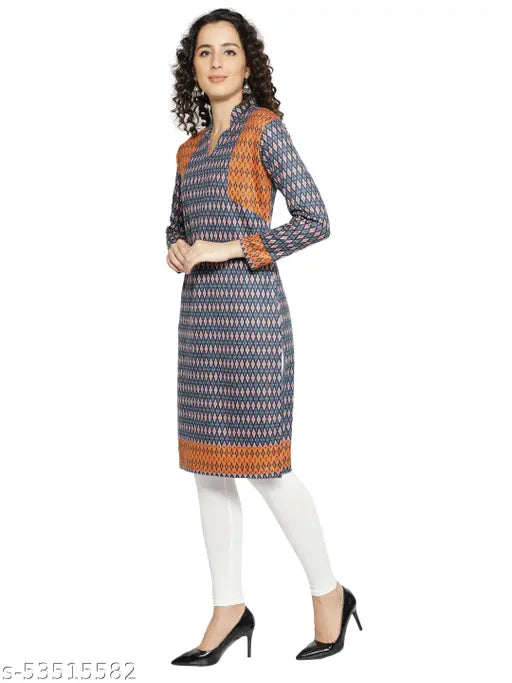 Blue woolen traditional winter ALine kurti dress: intricate prints on three-quarter sleeve, vintage v-neck for women's wear